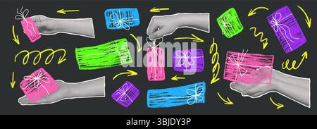 Halbe Handtöne, die Geschenke halten Collage. Weihnachtsüberraschung Punk-Elemente. Weibliche Hand nimmt Geschenke entgegen. Alles Gute zum Geburtstag, zum Hochzeitstag und zur Feier ho Stock Vektor