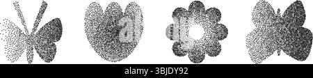 Grain Black Noise Gradient Gradient Schmetterlinge und Blumen Form Set. Y2K-Blumenformen. Graue Grunge Schmetterling-, Tulpen- und Gänseblümchen-Symbole auf weißem Hintergrund. Ve Stock Vektor