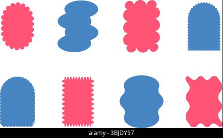 Funky-Retro-Bogen und geometrische Rahmen. Set aus lustigen Vintage-Farben mit Muschelrand. Ovales, rechteckiges Textfeld. Vektorabbildung Stock Vektor