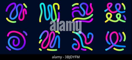 Farbenfrohe abstrakte Formen mit Farbverlauf. Kollektion mit welligen Squiggles-Figuren. Dekorative Kritzeleien. Irisierend gekrümmtes geometrisches Konfetti. Vektorabstufungen Stock Vektor