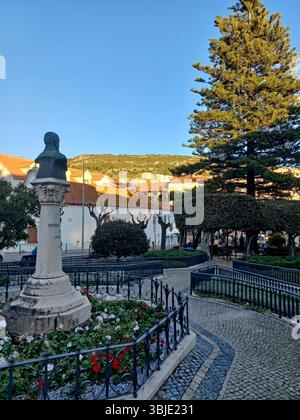 Sesimbra, Portugal. 20. Dezember 2024 Eine Bronzebüste auf einer weißen Säule, umgeben von üppigem Grün und ornamentalen Geländern auf einem schattigen platz mit Histo Stockfoto