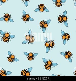 Nahtloses Muster mit Bienen. Kleine Wespe. Vektorabbildung. Design für Einladung, Karten, Textil, Stoff. Doodle-STYLE Stock Vektor