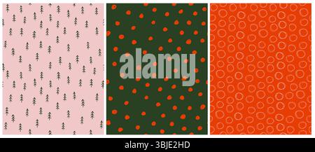 Niedliche Kindliche Hand Gezeichnete Unregelmäßige Geometrische Muster. Weiße Kreise auf rotem Hintergrund. Rote Polka Dots auf Green.Green Chistams Trees auf Pastellrosa. Stock Vektor