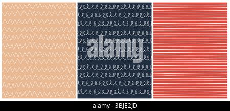 Niedliche, Handgezeichnete, Unregelmäßige Geometrische Muster Im Infantile-Stil. Weiße Streifen und wellige Linien auf dunkelblauem, rotem und beigefarbenem Hintergrund. Kindliches Muster. Stock Vektor