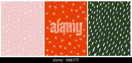 Niedliche Kindliche Zeichnung Stil Handgezeichnet Unregelmäßige Geometrische Muster. Weiße Doodles, Sterne und Flecken auf einem grünen, hellrosa und dunkelgrünen Hintergrund. Stock Vektor