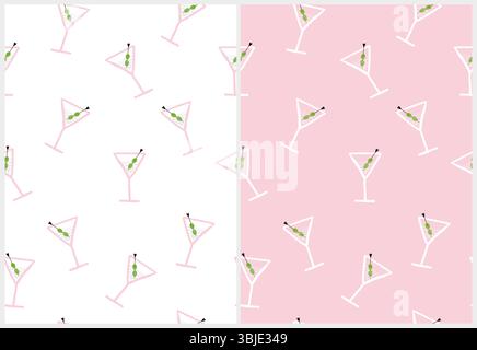 Einfaches handgezeichnetes nahtloses Muster mit Cocktails mit grünen Oliven. Lustige endlose Drucke mit Martini Drinks auf weißem und pastellrosa Hintergrund. Stock Vektor