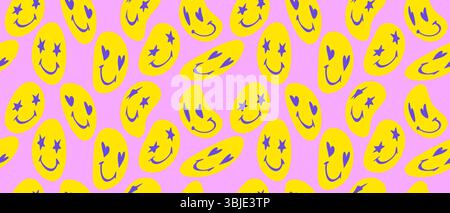 Trendiges niedliches nahtloses Vektor-Muster mit gelben verdrehten Groovy Emoticons auf einem hellrosa Hintergrund. Einfache infantile Art abstraktes Doodle-Muster. Stock Vektor