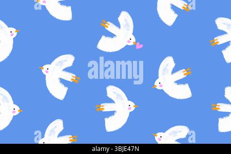 Niedliches Nahtloses Muster Mit Flying White Birds. Weiße Tauben auf blauem Hintergrund. Endloser Druck mit handgezeichneten Tauben, die auf einem hellblauen Himmel fliegen. Stock Vektor