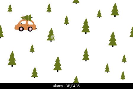 Abstrakter Winterwald Nahtlose Vektormuster. Niedliche Fichten und ein kleines Auto auf weißem Hintergrund. Weihnachtsdruck Im Kinderstil. Stock Vektor
