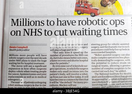 'Millionen haben Roboteroperationen auf NHS, um Wartezeiten zu verkürzen' Guardian Zeitung Schlagzeile Gesundheit artikel 11 Juni 2025 London England Großbritannien Großbritannien Stockfoto