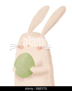Niedlicher Flauschiger Hase Mit Großem Grünem Ei. Oster-Vektorkarte Mit Beige Häschen Und Big Green Egg. Happy Baby Hase auf weißem Hintergrund. Stock Vektor