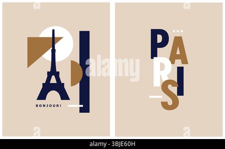 Bonjour. Einfache abstrakte Vektor-Illustration von 'Paris' und Eiffelturm Symbol auf einem Dusty Beige Hintergrund. Modernes Blau-Beige-Stadtbild Von Paris. Stock Vektor