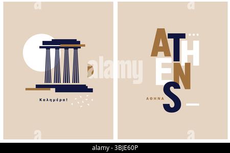 Einfache abstrakte Vektor-Illustration des Akropolis-Gebäudesymbols auf einem staubigen Beige-Hintergrund. Blau-beige, geometrischer Stil, modernes Stadtbild von Athen. Stock Vektor