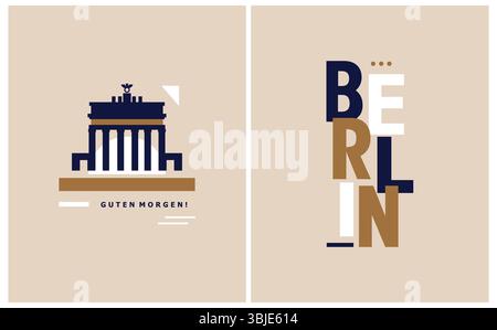 Einfache abstrakte Vektor-Illustration mit Gold, weiß und dunklem Königsblau „Berlin“ und Faumous Brandenburger Tor auf beigem Hintergrund.Berliner Stadtlandschaft. Stock Vektor