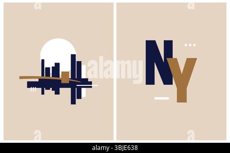 Einfache abstrakte Vektor-Illustration von 'New York', Wolkenkratzern und Brigde auf einem Dusty Beige Hintergrund. Modernes Stadtbild im geometrischen Stil von New York. Stock Vektor