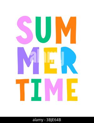 Sommerzeit. Einfache Vektor-Illustration mit farbenfroher Schrift. Leuchtende mehrfarbige Buchstaben auf weißem Hintergrund. Sommer-Vibe-Muster. Stock Vektor