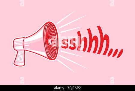 Rotes rotes Megaphon und 'sshhh'-Schriftzug isoliert auf einem pastellrosa Hintergrund. Vektorillustration im Pop Art Stil mit Lautsprecher. Rotes Bullhorn. Stock Vektor
