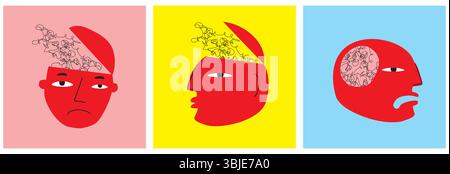 Abstrakte Cartoon Überdenken Männer. Einfache Vektorillustration von roten menschlichen Köpfen mit schwarzen skizzierten Scribbles innen. Spannungssymbol Wird Gedruckt. Stock Vektor