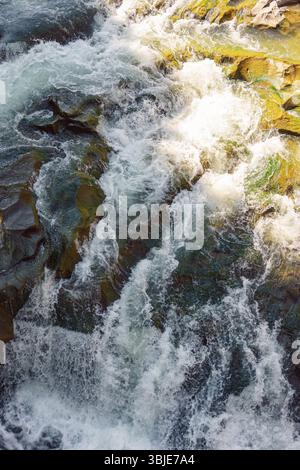 Dynamisches Bild eines schnell fließenden Bergwasserfalls, eines schnellen Flusses, der über moosige Felsen kracht. Energie und Schönheit des natürlichen Wassers in unberührter Natur Stockfoto