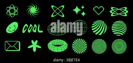 Trendiger cooler Druck mit abstrakten Neongrün-Symbolen, Kugel, Emoticon, Herz, Mail-Symbol auf schwarzem Hintergrund. Einfaches abstraktes Doodle-Set im Y2K-Stil. Stock Vektor