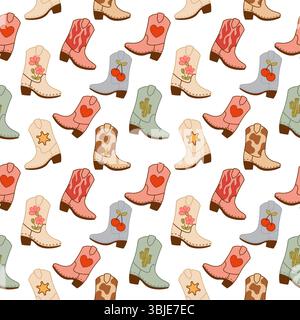 Buntes, sich wiederholendes Muster westlicher Stiefel mit Kirschen, Blumen, Sternen, Herzen und Kakteen. Lustiger Hintergrund im Cowboy-Stil. Stock Vektor
