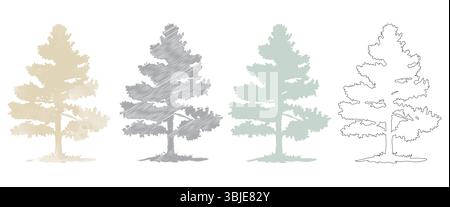 Einfache Vektorabbildung von Aquarellstil, skizziert, einfarbig und Gliederungsstruktur auf weißem Hintergrund. Hellgoldener, grauer und grüner Kiefer. Stock Vektor