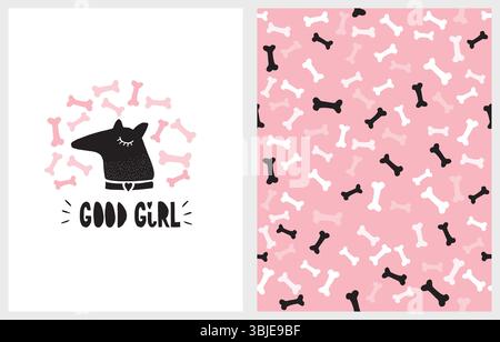 Gutes Mädchen. Lustiger schwarzer Hund in einem rosa Knochenkranz isoliert auf einem weißen Hintergrund. Nahtloses Vektormuster mit Knochen auf Einem rosa Hintergrund. Happy Dog Day. Stock Vektor