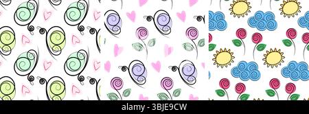 Stilvolle Schmetterlinge Rosen Blume Sonne Wolke und dekorative Herzen nahtloses Frühlingsfond Set. Isolierte Vektor-Illustration saisonale Themen Karten oder Werbebanner, Faltblätter, Preisschilder, Poster Stock Vektor