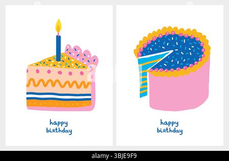 Niedliche Geburtstagsfeier Vektorkarten. Handgezeichneter gelber Geburtstagskuchen mit blauen Kerzen auf weißem Hintergrund. Rosafarbenes Stück Kuchen und handschriftliche Wünsche. Stock Vektor