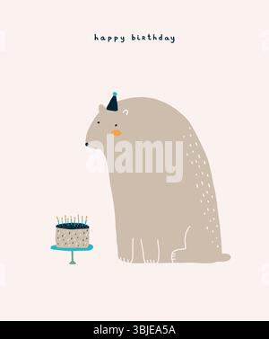 Nette Geburtstagsparty Vektor-Karte. Große Hand gezeichneter Bär in kleiner Party Hut und Geburtstagskuchen mit blauen Kerzen auf einem hellen Beige Hintergrund. Alles Gute zum Geburtstag. Stock Vektor