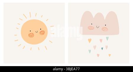 Niedliche Kinderzimmer-Vektor-Kunst mit lächelnder Sonne, flauschiger Wolke und buntem Regen der Herzen isoliert auf einem hellen Beige Hintergrund. Babydusche. Stock Vektor