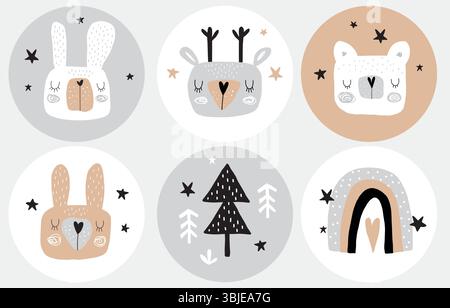 Niedliche Woodland Party Vektor Aufkleber. Runde Partyanhänger mit Hase, Hirsch, Bär, Regenbogen, Kaninchen, Sterne und Bäume. handgezeichnetes Rentier und Rentier. Stock Vektor