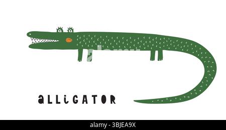 Lustige kindliche Zeichnung von Big Green Alligator auf weißem Hintergrund. Nette Hand Gezeichnete Vektor-Illustration Des Krokodils. Coole Kindergartenkunst Mit Croc. Stock Vektor