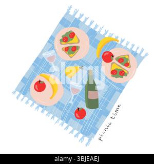 Picknickzeit. Lustige infantile Art Hand gezeichnete Vektor-Illustration mit blauer Picknickdecke und frischem leckerem Essen. Früchte, Sandwiches und Flasche Rebe. Stock Vektor