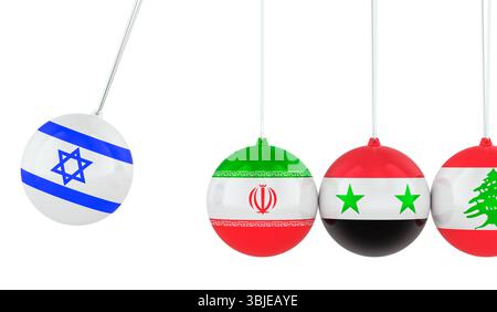 Newtons Wiege mit israelischen, iranischen, syrischen und libanesischen Flaggen. Symbolisiert geopolitische Spannungen und Kettenreaktionen. 3D-Rendering isoliert auf weißem Hintergrund Stockfoto