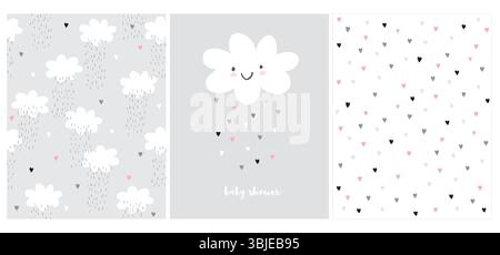 Weiße flauschige lächelnde Wolke auf hellgrauem Hintergrund. Einfache Babydusche Vektorkarte Für Baby Mädchen. Nahtlose Muster Mit Herzen Und Wolken. Stock Vektor