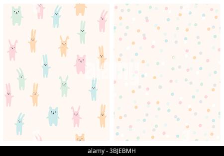 Niedliche nahtlose Vektormuster mit Spielzeug und Punkten auf Einem beigefarbenen Hintergrund. Rosa, Blau und Gelb Hase und Bär Spielzeug. Unregelmäßiges Geometrisches Punktmuster. Stock Vektor