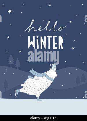 Hallo Winter. Lustige Vektor-Illustration mit weißem Eisbär Eislaufen. Niedlicher Teddybär mit Hut und Schal. Schöne Winterkrippe Kunst Stock Vektor