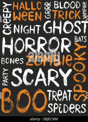 Halloween Vektorkarte Mit Lustigen Handgeschriebenen Halloween-Slogans. Weiße und orangefarbene kindliche Buchstaben auf schwarzem Hintergrund. Hallowen Text Und Slogans. Stock Vektor