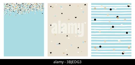 Unregelmäßige Vektormuster mit handgezeichneten winzigen Dreiecken, weiße Streifen mit beigen und schwarzen Punkten. Hellblaues Layout Mit Rand Aus Polka Dots. Stock Vektor