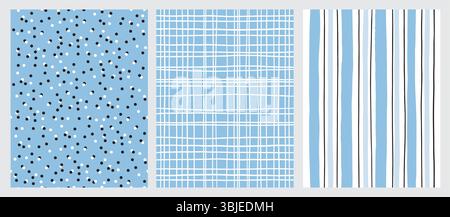 Kindliche Hand Gezeichnete Nahtlose Vektormuster Mit Punkten, Streifen Und Gitter. Polka Dots and Lines auf blauem Hintergrund. Unregelmäßiges Punktmuster. Stock Vektor