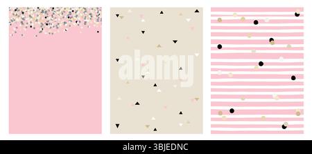 Unregelmäßige Vektormuster mit handgezeichneten winzigen Dreiecken, weiße Streifen mit beigen und schwarzen Punkten. Hellrosafarbenes Layout Mit Rand Aus Polka Dots. Stock Vektor
