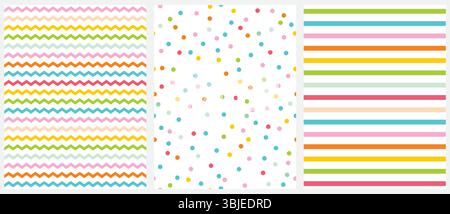 ute mehrfarbige geometrische nahtlose Vektormuster. Rosa, Blau, Gelb und Grün Polka Dots, winzige Chevron und vertikale Streifen auf weißem Hintergrund. Stock Vektor