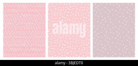Abstraktes handgezeichnetes kindliches Vektormuster mit winzigen Punkten, welligen Linien und Bögen auf verschiedenen rosa Hintergrund. Moderne Geometrische Nahtlose Muster. Stock Vektor