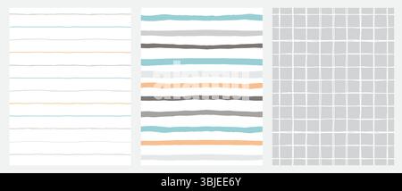Handgezeichnete unregelmäßige geometrische Muster mit Raster und Linien auf weißem und grauem Hintergrund. Kindisch Abstrakte, Nahtlose Muster Mit Streifen. Stock Vektor