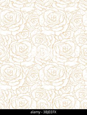 Von Hand gezeichneter, wiederholbarer Blumendruck mit goldenen Rosen. Nahtloses Blumenmuster mit skizzierten Rosenblüten isoliert auf einem weißen Hintergrund. Stock Vektor