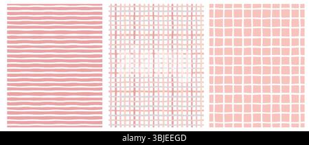 Kindliche Hand Gezeichnete Unregelmäßige Geometrische Muster. Horizontale weiße Streifen und Raster auf rosafarbenem Hintergrund. Rosafarbenes und beiges Gitter auf weißem Hintergrund. Stock Vektor