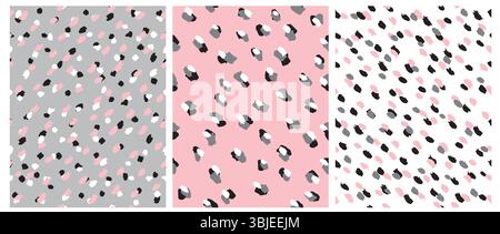 Niedliches Abstraktes Punktvektormuster. Unregelmäßige Pinselpunkte in weiß, Pink, Schwarz und Grau auf weißem, grauem und rosa Hintergrund. Kindliches Unregelmäßiges Muster. Stock Vektor