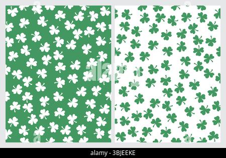 St Patrick Day Nahtlose Vektormuster. Grüner Klee auf weißem Hintergrund. Weiße Klee auf Grün. Einfacher, wiederholbarer Druck mit irischem Glückssymbol. Stock Vektor