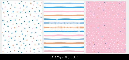 Niedliche Pastellfarbe Geometrische Nahtlose Vektormuster. Pinke, blaue und gelbe Polka Dots und Streifen auf weißem Hintergrund. Winzige Dreiecke auf Pink. Stock Vektor